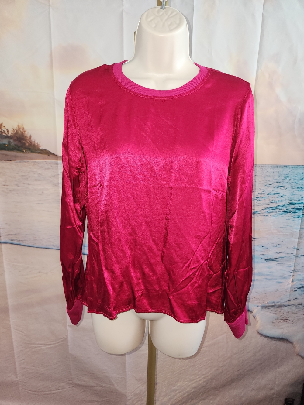 LA made Satin Long-Sleeve Top in Fuchsia Pink